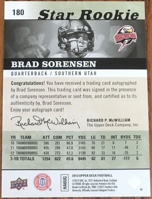2013 Upper Deck Rookie Autographs SP Brad Sorensen #180 Southern Utah - Image 2 of 2