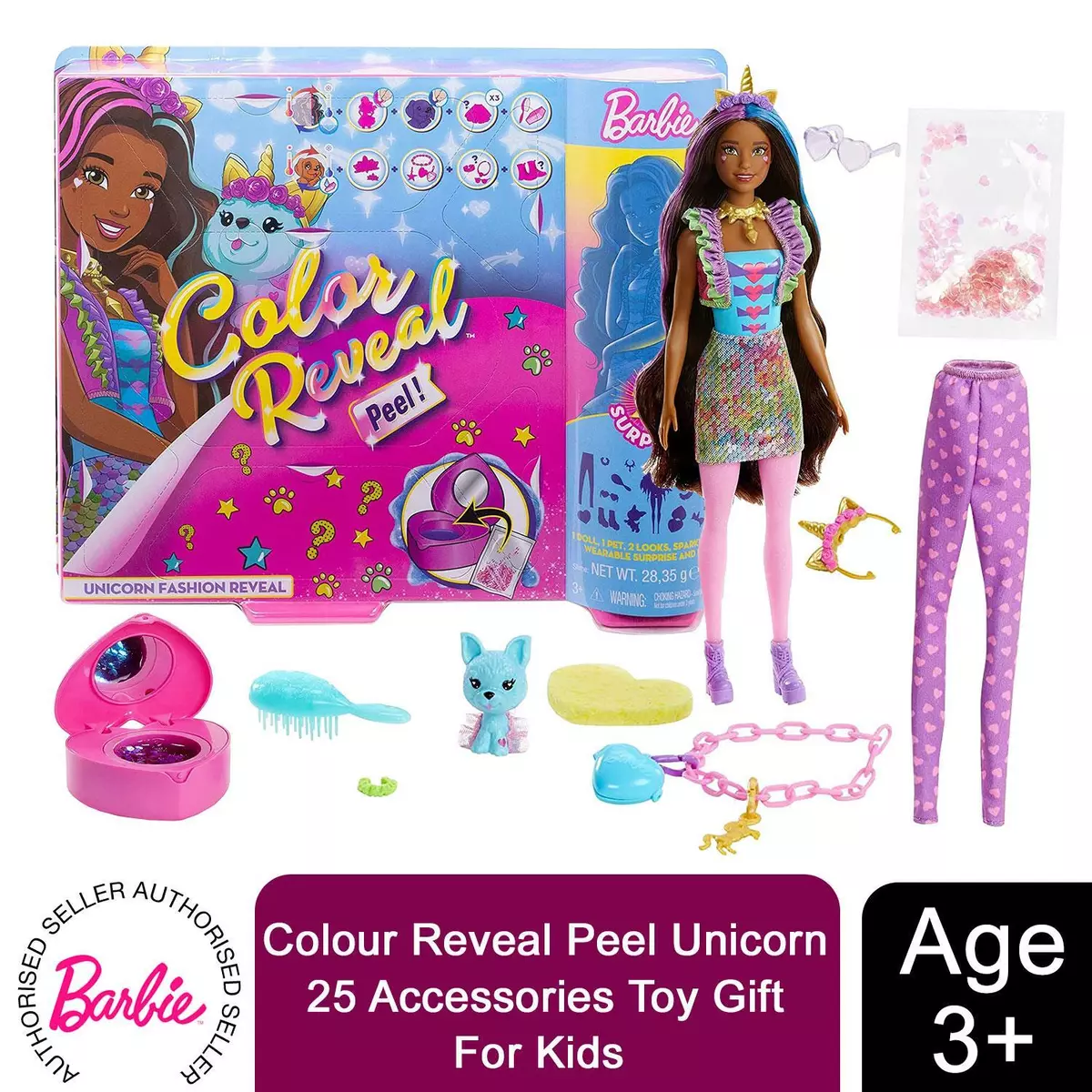 Barbie Colour Reveal Peel Unicorn Doll with 25 Accessories Toy