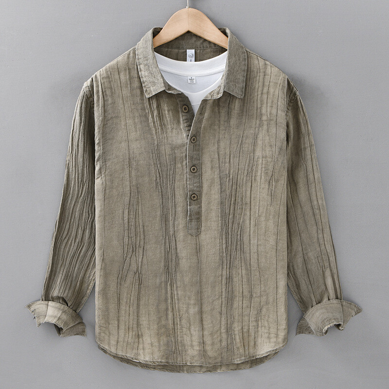 Men New Retro Ramie Long-sleeved Shirt Casual Wrinkle