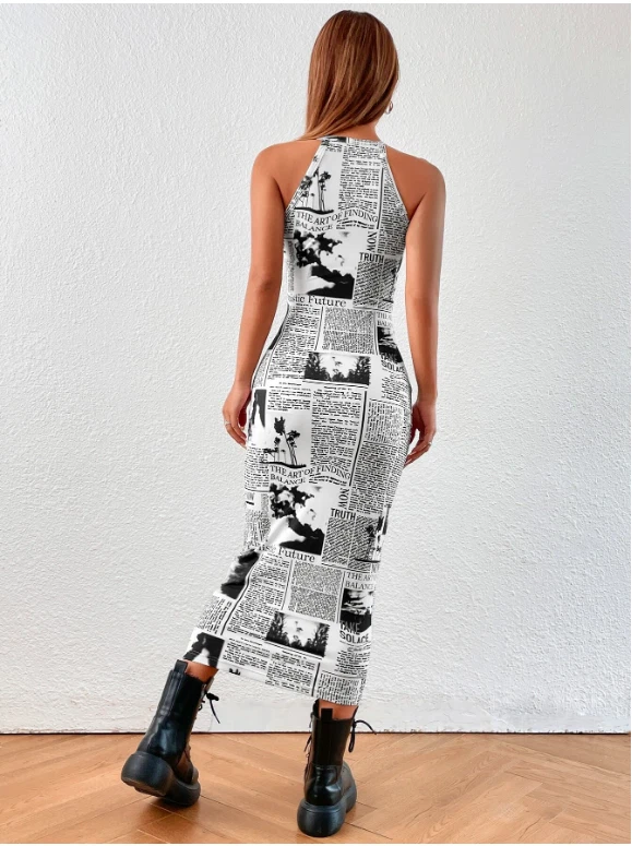 Vestido ceñido al cuerpo con estampado de periódico Coolane blanco y negro talla XS S M L Foto 2 de 4