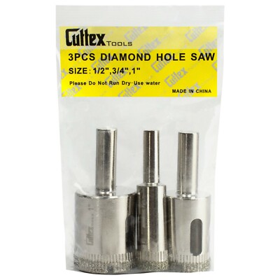1/2'', 3/4'', 1'' Diamond Drill Bit Set, Cuttex Tools 3 PCS, For Glass, Marble, ...