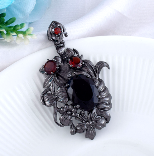 Pendentif Rond En Onyx Noir Naturel - Monture Argent Plaqué - Fait Main En Inde - Longueur 5,3 Cm