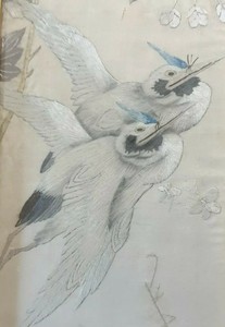 A Stunning Qing Dynasty Suzhou Embroidered Silk Panel. 2 Cranes In Flight.