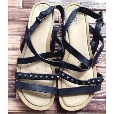 ECCO Dagmar Cross Studded Slingback Strappy Sandals Black Leather Flat SZ 40