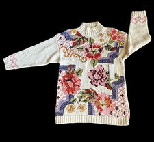 Vtg Hand Knit Sweater Pullover M Cottagecore Grandmacore Floral Colorful Flowers