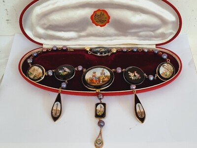 UNIQUE 18k GOLD & GILT METAL MICRO MOSAIC PLAQUE & NATURAL PEARL NECKLACE c1870