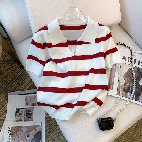 Striped Pattern Collared Sweater Short Sleeve Knitted Crop Top for Women Spring - Picture 9 of 10