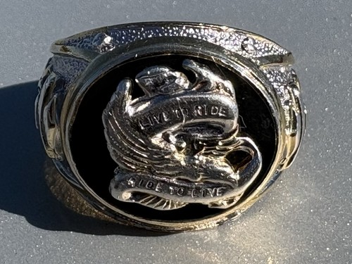 Harley-Davidson Live to Ride Ride to Live Eagle Ring Gold Tone Black Accent