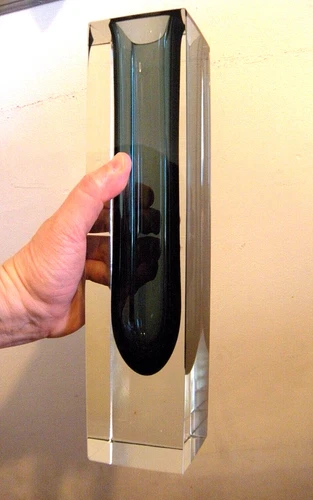 12" Large Vintage MCM Italy Murano Sommerso Smoke / Clear Block Vase Flavio Poli