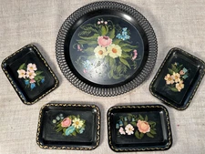 Vintage Toleware Tray Hand Painted Floral Set of 5