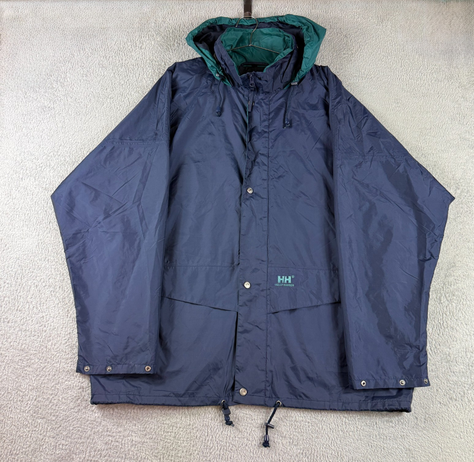 VTG Helly Hansen 90s Navy Green Size 58/60 / Oversized XL Hooded Rain Jacket
