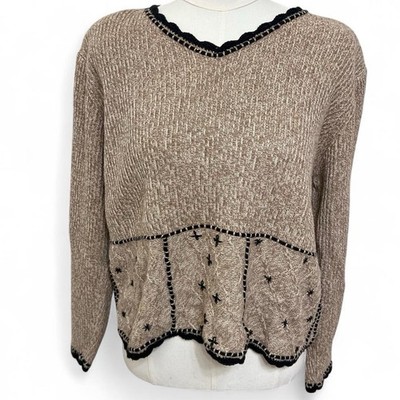 Christopher & Banks Hand Embroidered Tan Brown Black Sweater Vintage Boho Fall M