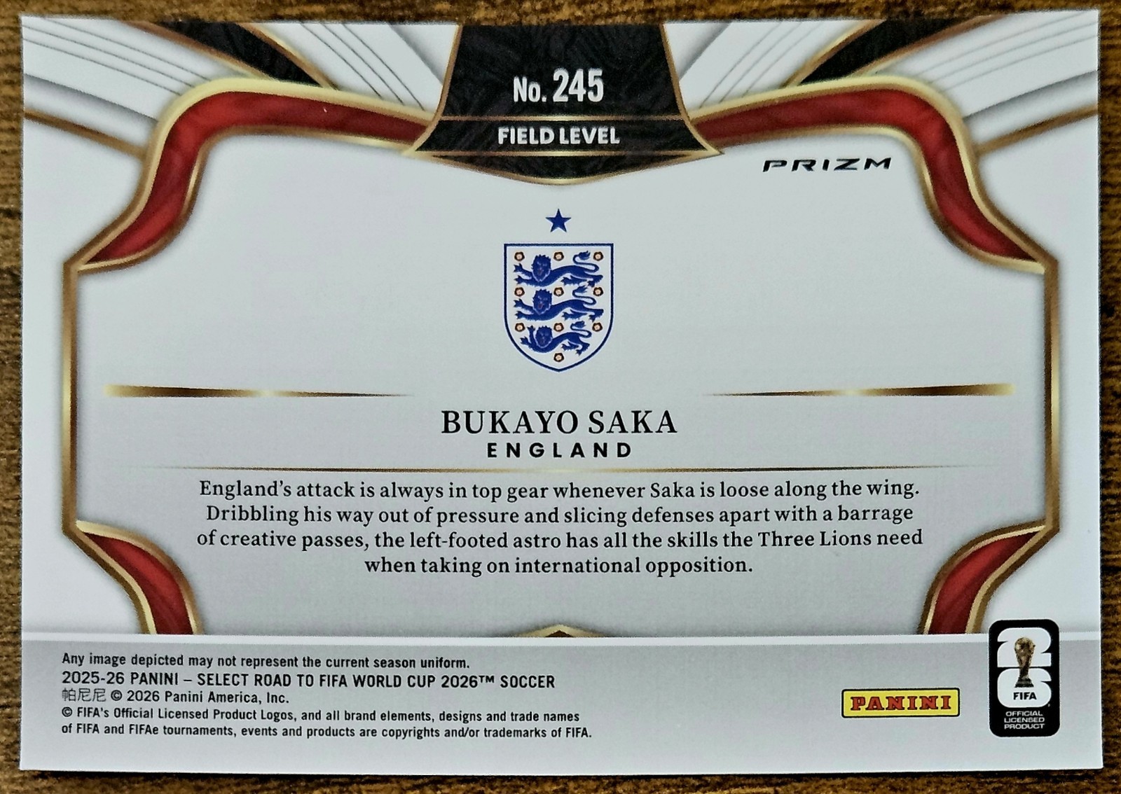 2025-26 Panini Select WC 245 Bukayo Saka Purple Mojo Prizm SP England Arsenal view 2