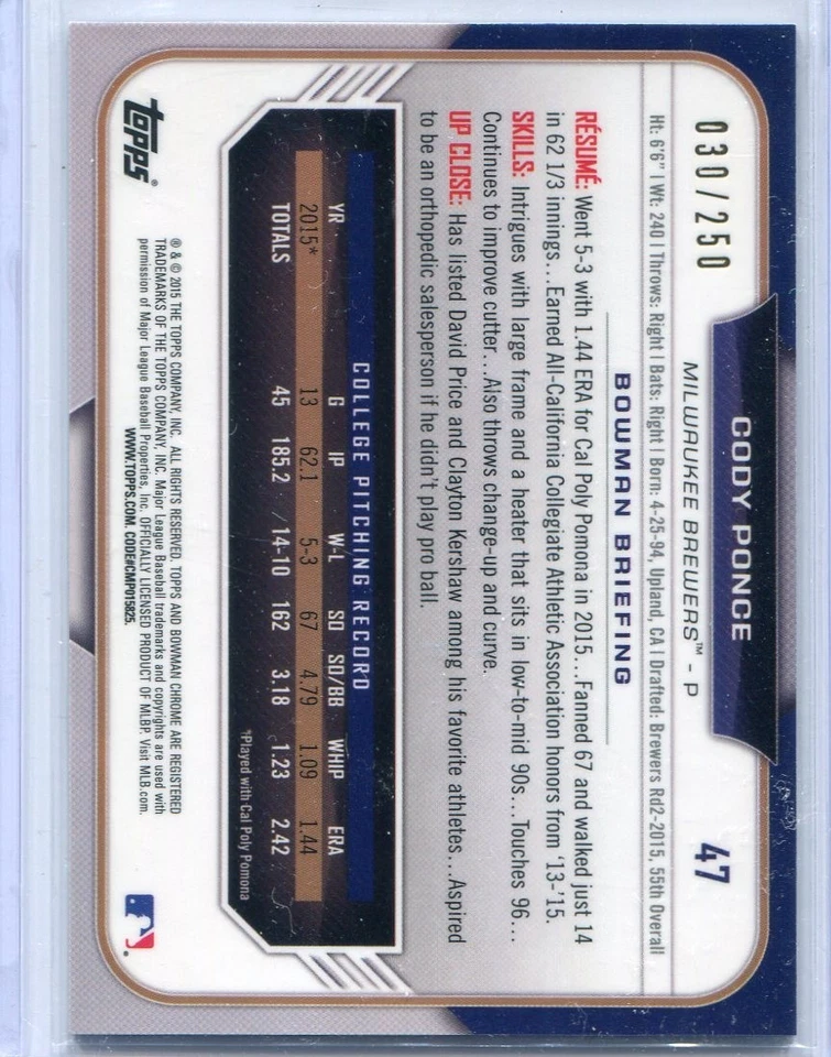 2015 Bowman Chrome Draft Cody Ponce Purple Refractor #30/250 - KBO - Blue Jays - Image 2 of 2