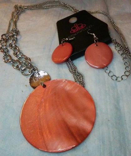 VETEMENTS Collana donna Paparazzi catena tono argento cerchio arancione nuova con etichetta orecchini abbinati