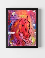 GUAJARDO Original Expressionism Neon Red Horse 14X11 Canvas Signed Art