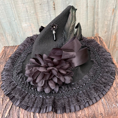 Atemberaubende komplett schwarze Hexen Hut Federn Potter Rüschen (18) Lolita Cosplay.