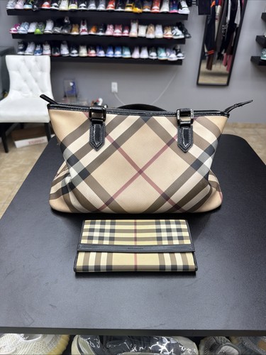 Burberry Nova Check Black Patent Leather Tote Bag Classic + Wallet Used 100%