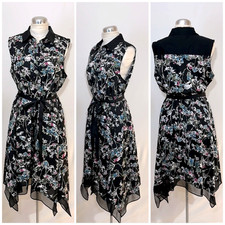 y2k Vera Wang Shirt Dress M Asymmetric Sheer Black Floral Whimsigoth Fairygoth