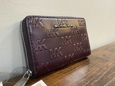 Michael Kors Zip Around Card Case Wallet Ox Blood Color MK Logo Embossed Leather