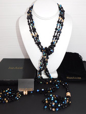 Vintage JOAN RIVERS Lariat Tassel Necklace Black AB Faceted Beads Flapper in Box