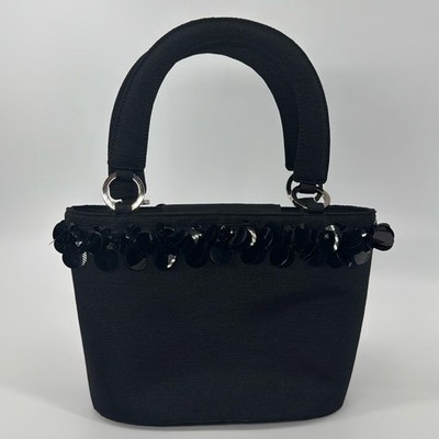 TALBOTS BLACK GROSGRAIN SATIN & BIG DANGLE SEQUINS, BEADED BAG, HANDBAG