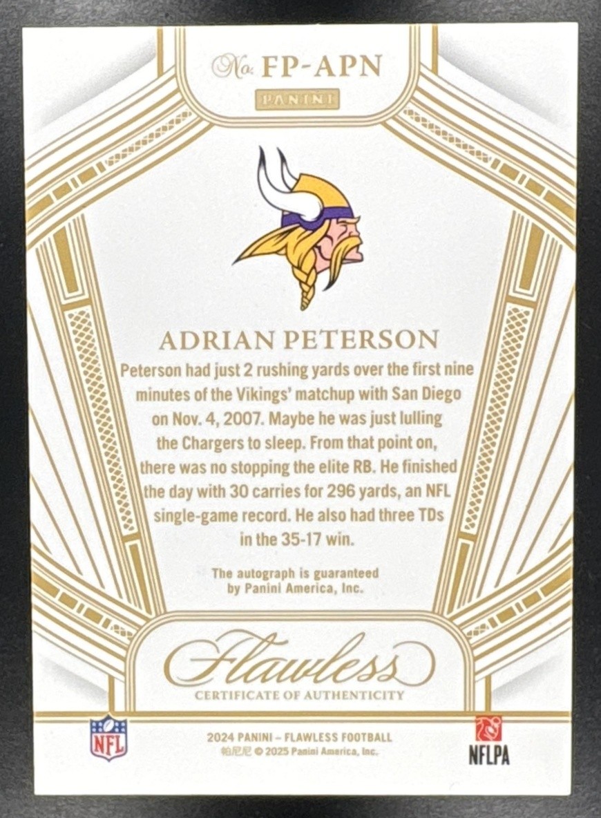 Adrian Peterson 2024 Panini Flawless Performances Auto Silver /20 Vikings KG view 2
