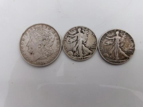 nice 1921 liberty peace dollar and two walking liberty half dollars