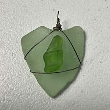 Handmade Green Sea Glass Pendant Artisan Wire Wrapped Beach Ocean Jewelry Unique