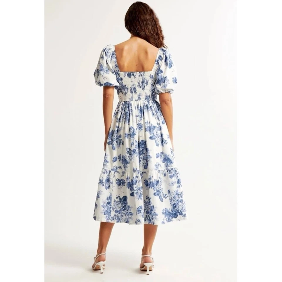 Abercrombie Fitch Emerson Poplin Puff Sleeve Floral Midi Dress Blue White M - Image 2 of 4