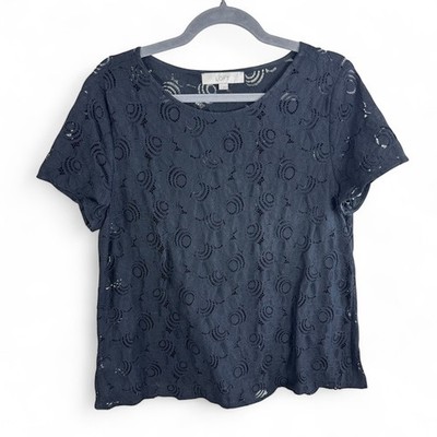 LOFT Black Lace Eyelet Short Sleeve Crew Neck Top Size Large Womenss