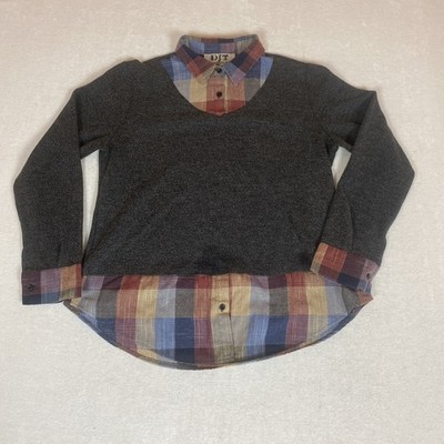 DJT Faux Layered Sweater Plaid Shirt Top Women XL Preppy Academia