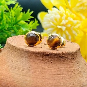 Authentic Natural Tiger eye Studs Pair, 5mm Round Gemstone Earrings Gold Plated Jewelry.