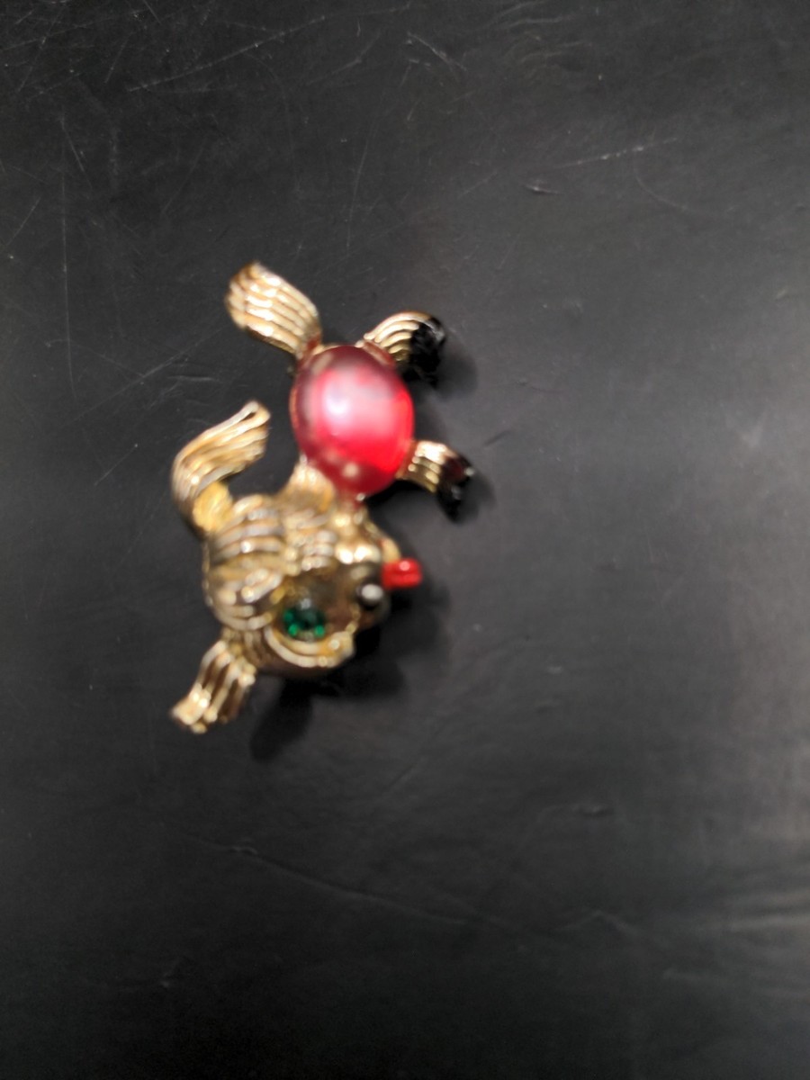 Vintage Retro Red Jelly Belly Green Rhinestone One Eyed Dog Puppy Pin Brooch  View 2