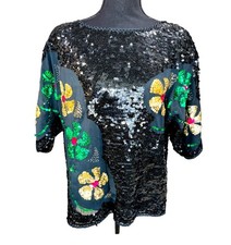 VTG Black Floral Sequin Floral Semi Sheer Blouse Green Gold Womens M Boho Chic