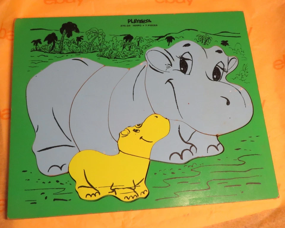 Rompecabezas de hipopótamos PLAYSKOOL de madera vintage #275-38 7 piezas bandeja de madera verde y azul 2 Foto 3 de 4