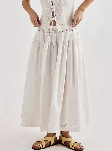 Free People Gesibelle Maxi Skirt Floral White Embroidered Cotton XL NEW