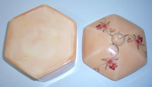 Scatola del tesoro vanità vintage porcellana ricoperta floreale rosa pesca bordeaux - Foto 7 di 7