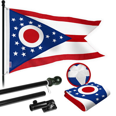 G128 Combo: 5 Ft Flagpole Black & Ohio State Flag 2x3 Ft Embroidered Spun Poly