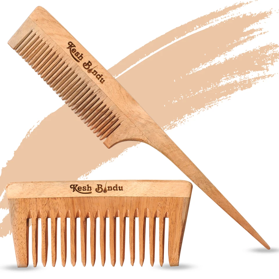 Peines de madera desenredadores de pelo de sándalo verde 100 % natural hechos a mano de neem Foto 2 de 4