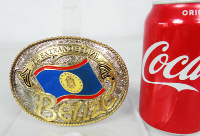 BELIZE large belt buckle te extrano i love you metal western round flag vintage