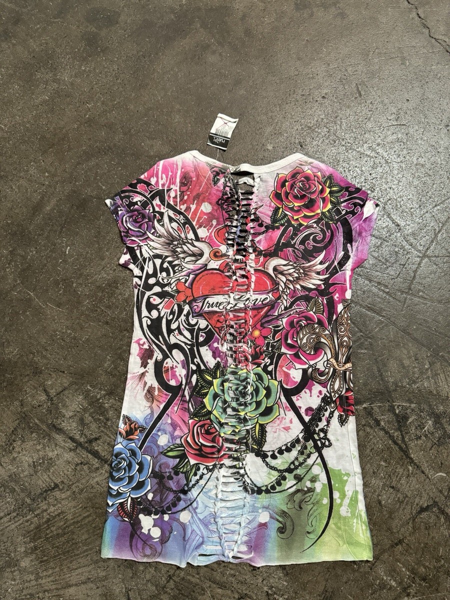 Vintage Rue 21 Affliction Shirt Girls XL Crosses Roses Grunge