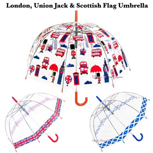 Unisex Birdcage Dome Umbrella Transparent Auto Open London Union Jack Scotland - Picture 1 of 23