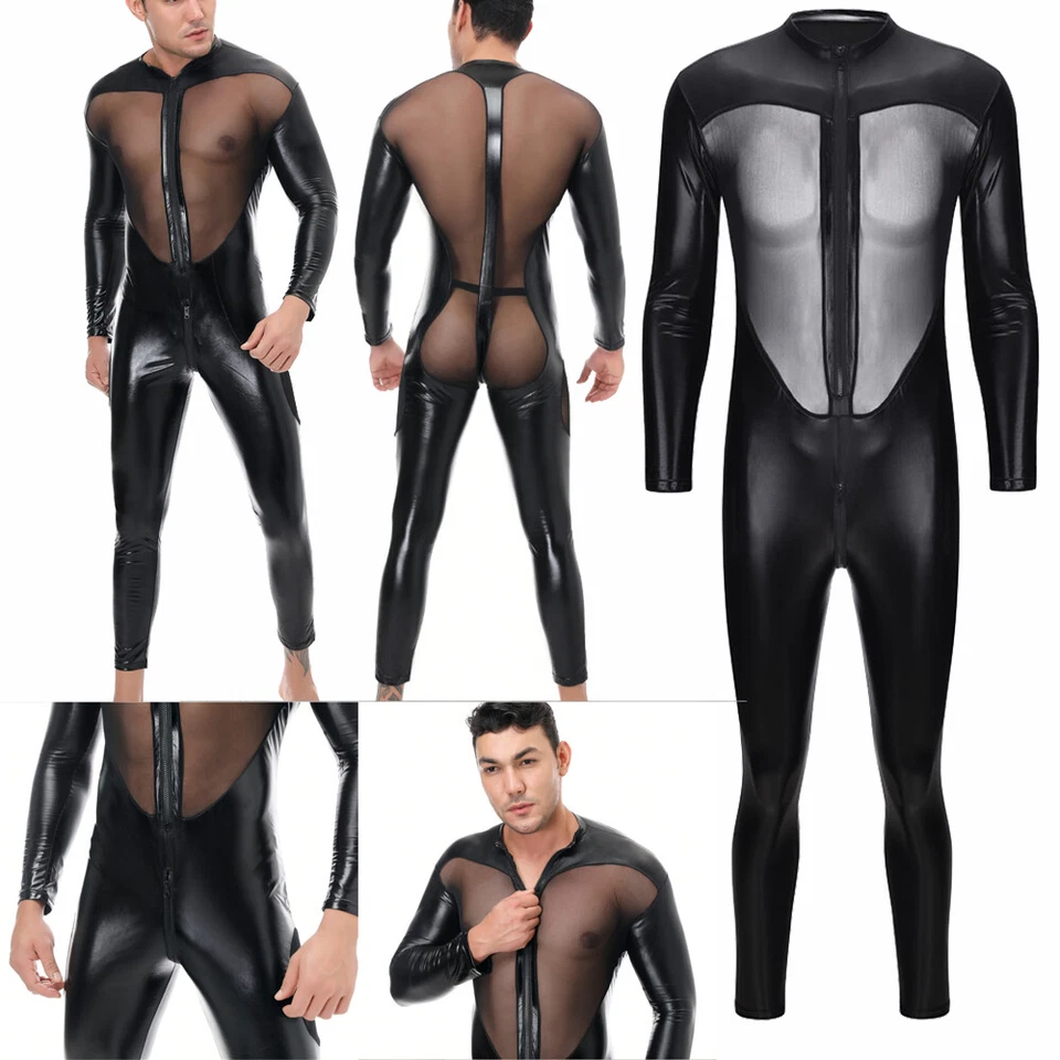 Sexy Para Hombres Cuero Gato Body Mono PVC Ropa de club nocturno Disfraz Mamelucos Disfraz Foto 4 de 4