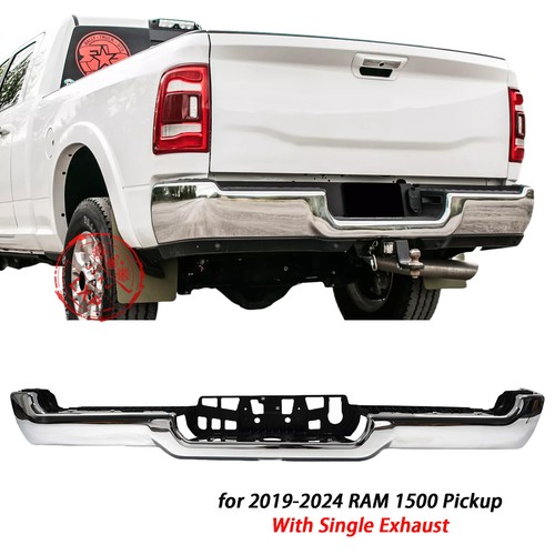 For 2019-2024 Ram 1500 W/ Single Exhaust Rear Bumper Face Bar Chrome Steel