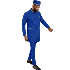 Men African Suits Dashiki Embroidery Jacket and Pants Hat 3 Piece Set Outfits