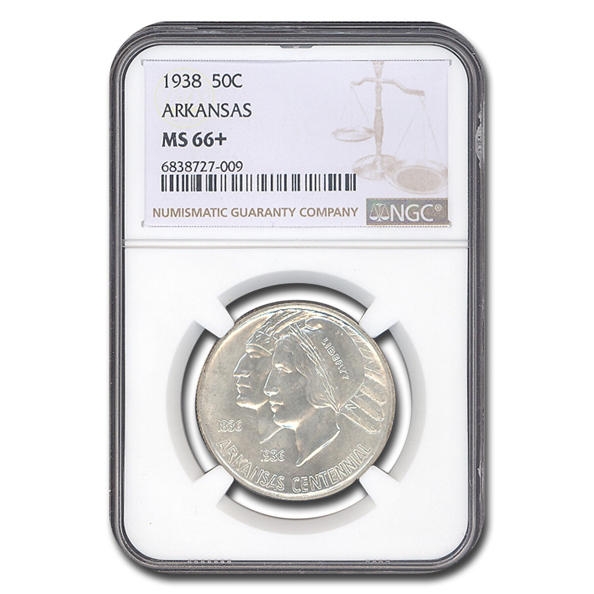 『NGC MS62』アーカンソー州100周年ハーフダラー銀貨（1938年） 1938 Arkansas Centennial Commemorative Half Dollar MS-66+