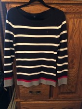 69 NWOT TOMMY HILFIGER WOMENS LARGE PULLOVER SWEATER STRIPE BLUE COTTON