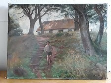 Ölemälde Junge mit Angel Angler Bauernkate Leinwand antik Rarität Sammler