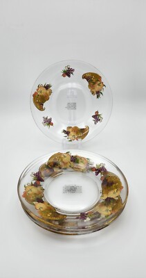 Vintage Cornucopia Thanksgiving Fall Harvest Theme Clear Glass Plates Set of 4